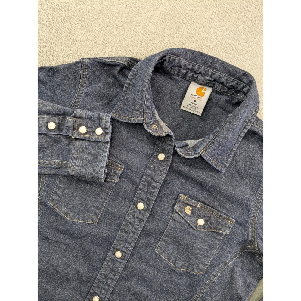 Carhartt for Women Denim Snap Front Shirt Dark Wash Medium M Pearl Snap Western